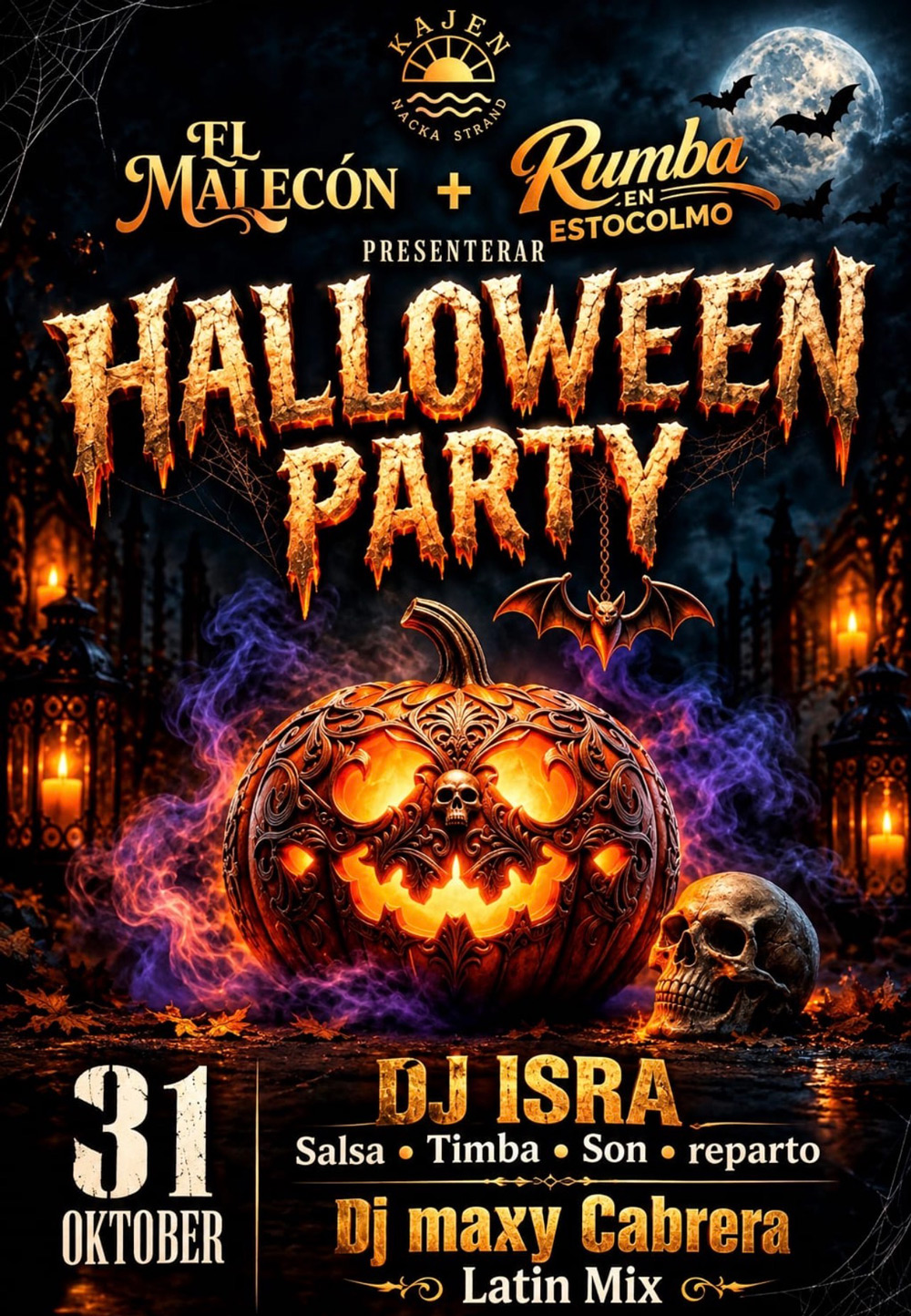 Halloweenfest 31 oktober 2026 på Kajen Nacka Strand med salsa, timba och latinamerikansk musik.